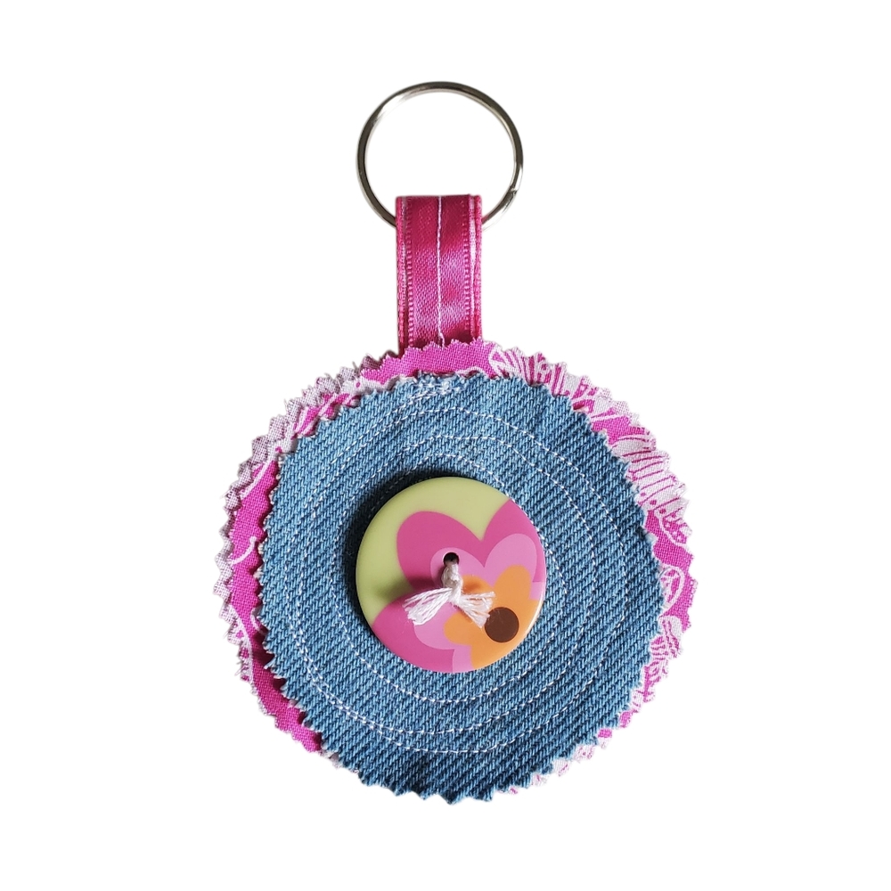 Homecrafted Colorful Denim Keychain with Button Accent